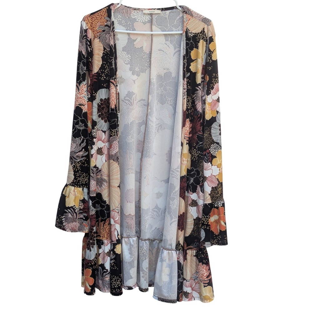 Easel Floral Open Front Kimono Cardigan Ruffle Bell Sleeve Boho Multi Color - Picture 2 of 4